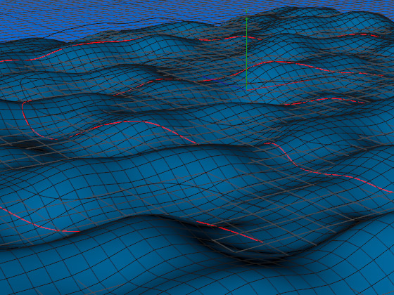 Геометрия сплайна меняется модификаторами «Wind» точно так же, как поверхность моря